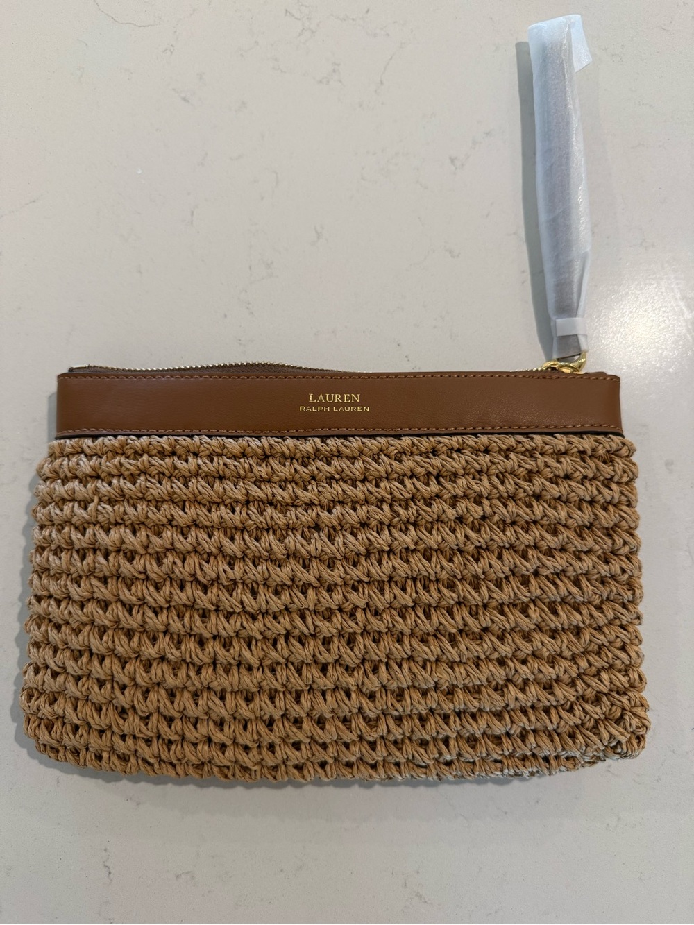 Lauren Ralph Lauren Woven Raffia Leather Wristlet Clutch Tan Brown